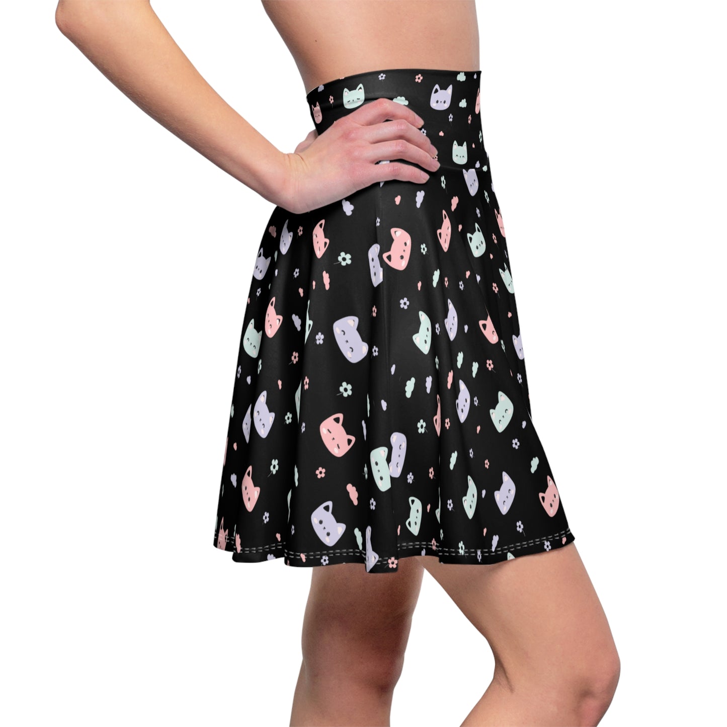 Cute Cat Faces Women's Skater Skirt, Pet Lover Pastel Goth
