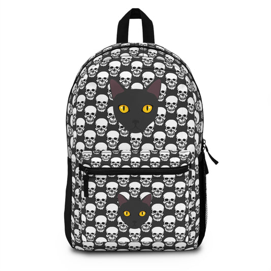 Backpack, Skulls Background With Cat Head Goth Aesthetic Goth Lover Gift, Goth Backpack, Alternative Style Bag, Unique School Bag, Gothic