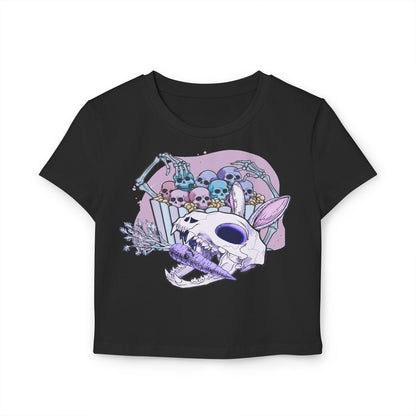 Skull Bunny Graphic Baby Tee for Women, Cute Grunge Style, Perfect for Halloween, Casual Wear, Music Festivals, Unique Gift