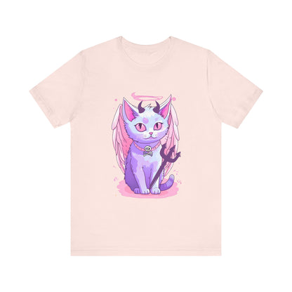 Pastel Goth Cute Angelic Cat With Angel Wings, horns and Pitchfork  Unisex Tee Alternative Clothing for the Pastel Goth,