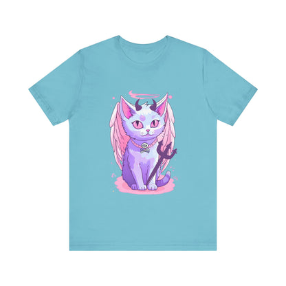 Pastel Goth Cute Angelic Cat With Angel Wings, horns and Pitchfork  Unisex Tee Alternative Clothing for the Pastel Goth,