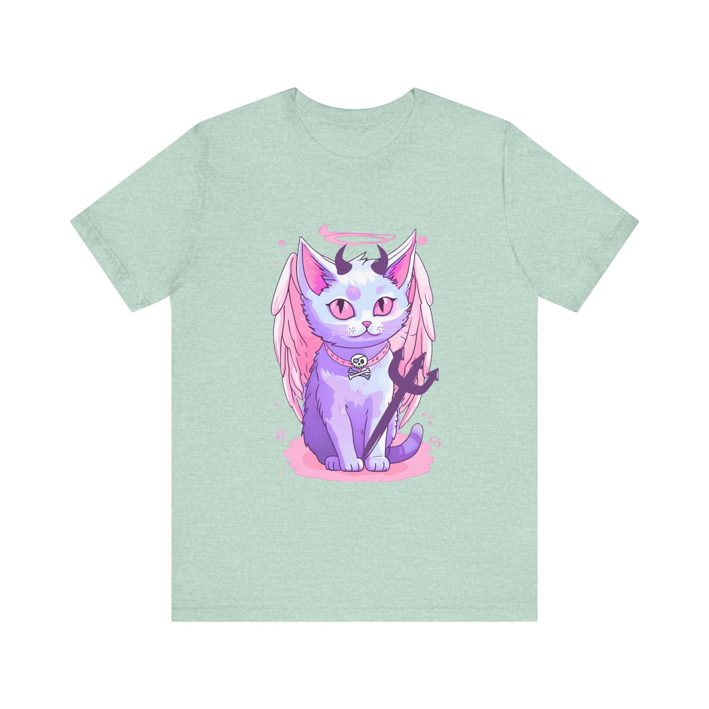 Pastel Goth Cute Angelic Cat With Angel Wings, horns and Pitchfork  Unisex Tee Alternative Clothing for the Pastel Goth,