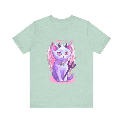 Pastel Goth Cute Angelic Cat With Angel Wings, horns and Pitchfork  Unisex Tee Alternative Clothing for the Pastel Goth,