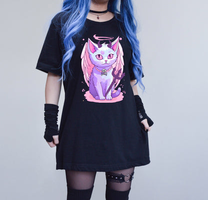 Pastel Goth Cute Angelic Cat With Angel Wings, horns and Pitchfork  Unisex Tee Alternative Clothing for the Pastel Goth,