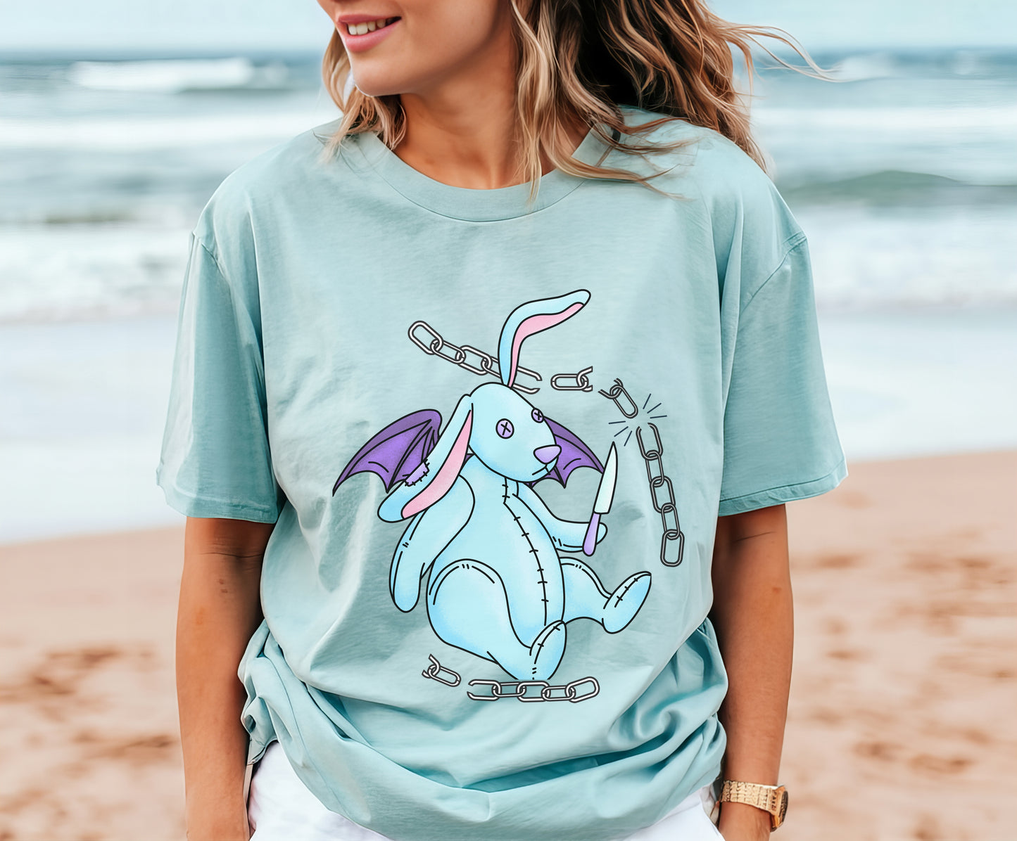 Pastel Goth Cute Dragon Bunny Tee Alternative Clothing, Cute Rabbit With Knife Cutting Chains Graphic  Empowerment