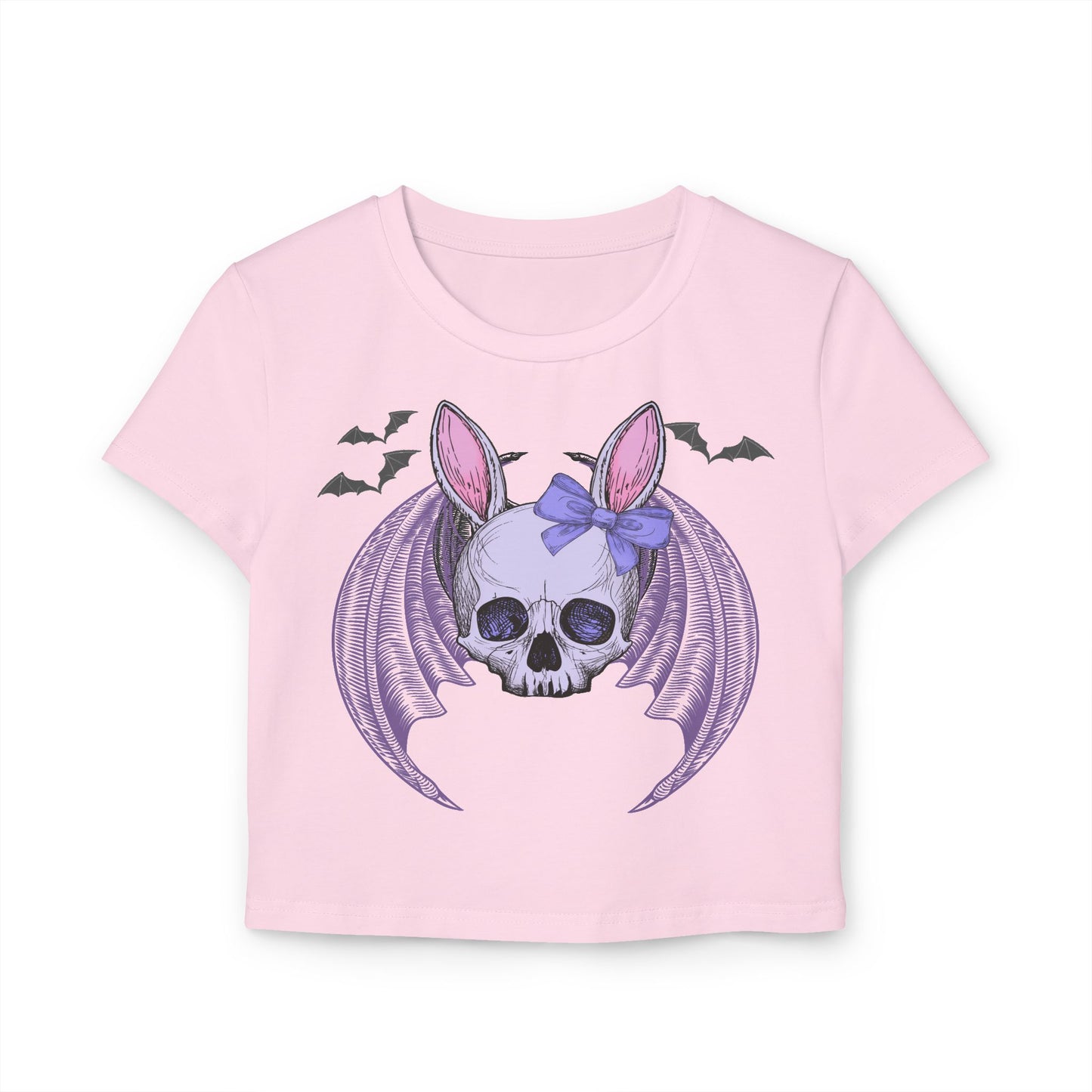 Pastel Goth Bat Bunny Skull Women's Crop Tee, Pastel Grunge Female Top, Kawaii Gothic Graphic Shirt, Halloween Fashion, Alternative Style