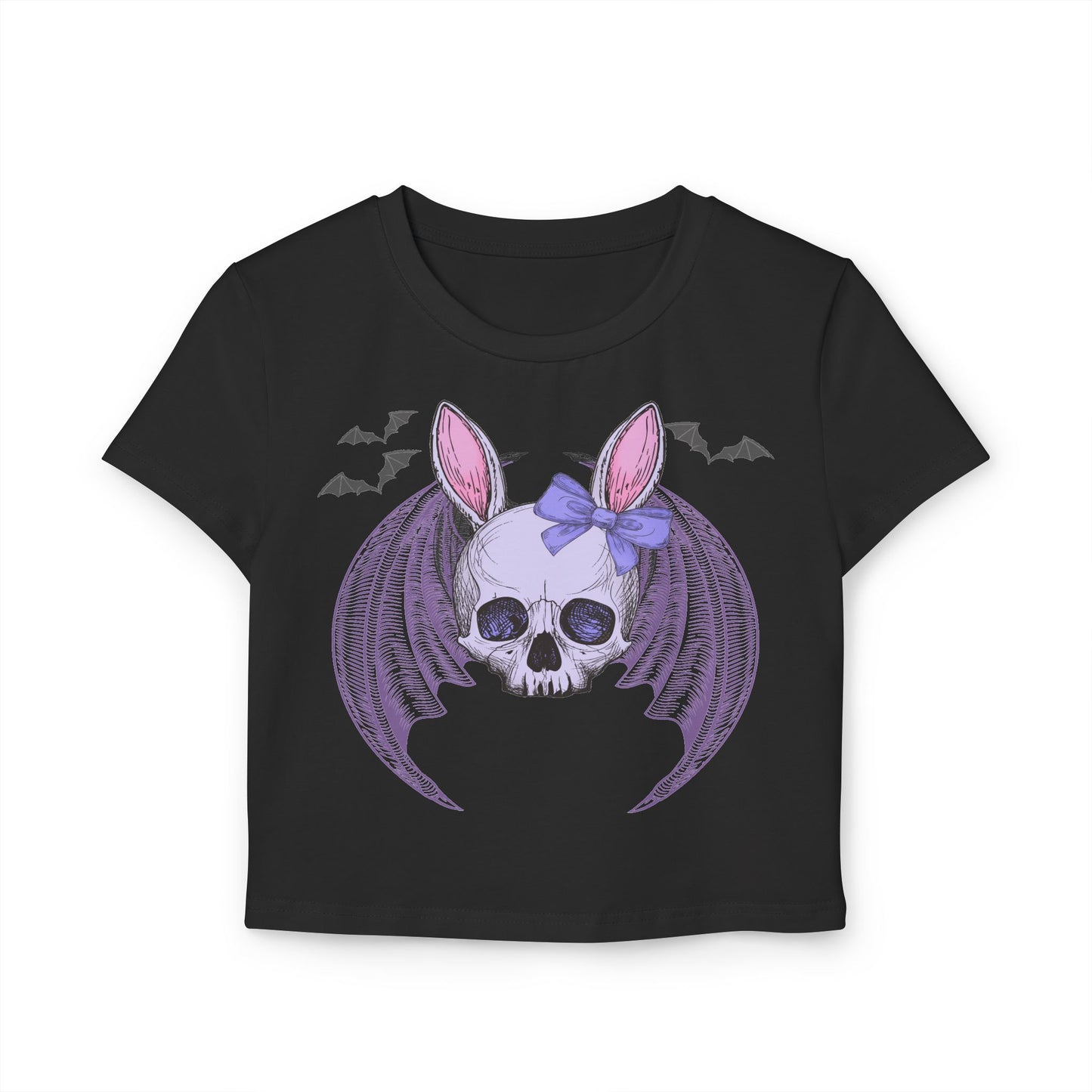 Pastel Goth Bat Bunny Skull Women's Crop Tee, Pastel Grunge Female Top, Kawaii Gothic Graphic Shirt, Halloween Fashion, Alternative Style