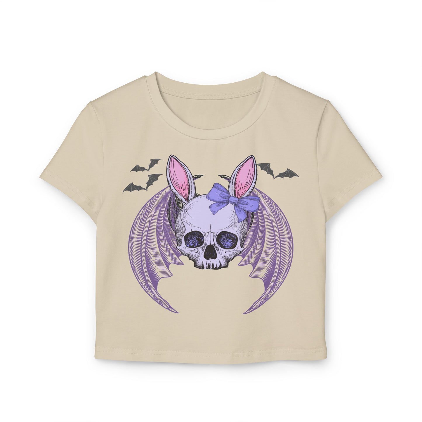 Pastel Goth Bat Bunny Skull Women's Crop Tee, Pastel Grunge Female Top, Kawaii Gothic Graphic Shirt, Halloween Fashion, Alternative Style