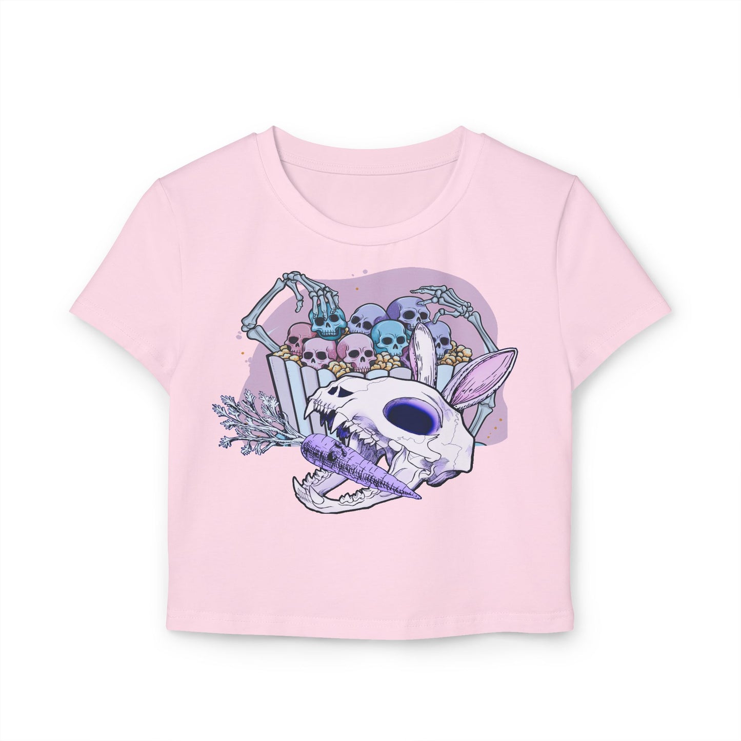 Skull Bunny Graphic Baby Tee for Women, Cute Grunge Style, Perfect for Halloween, Casual Wear, Music Festivals, Unique Gift