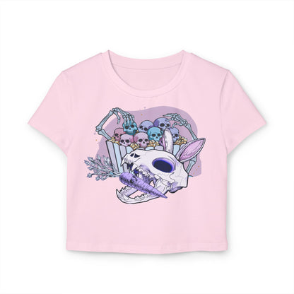 Skull Bunny Graphic Baby Tee for Women, Cute Grunge Style, Perfect for Halloween, Casual Wear, Music Festivals, Unique Gift