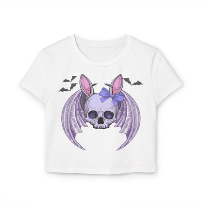 Pastel Goth Bat Bunny Skull Women's Crop Tee, Pastel Grunge Female Top, Kawaii Gothic Graphic Shirt, Halloween Fashion, Alternative Style