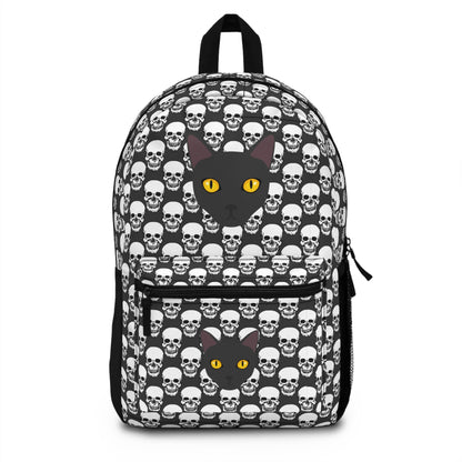 Gothic skull pattern backpack with black cat