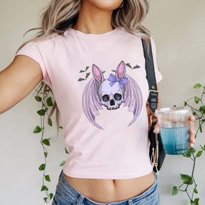 Pastel Goth Bat Bunny Skull Women's Crop Tee, Pastel Grunge Female Top, Kawaii Gothic Graphic Shirt, Halloween Fashion, Alternative Style