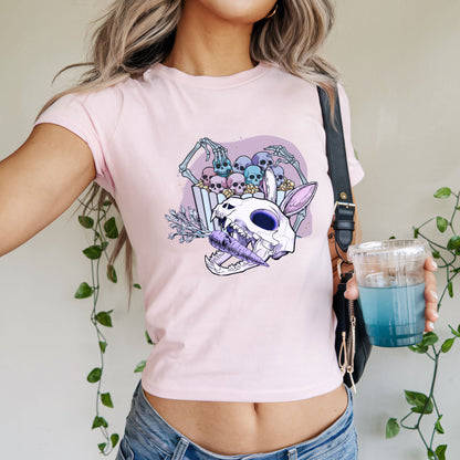 Skull Bunny Graphic Baby Tee for Women, Cute Grunge Style, Perfect for Halloween, Casual Wear, Music Festivals, Unique Gift